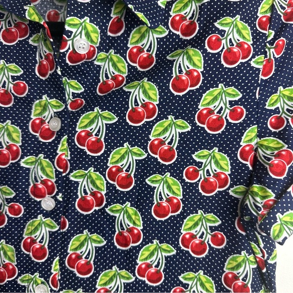 Kling Navy Blue Red Cherry Print Cotton Retro Pinup Button Front Dress NWT 2/S - Picture 8 of 15